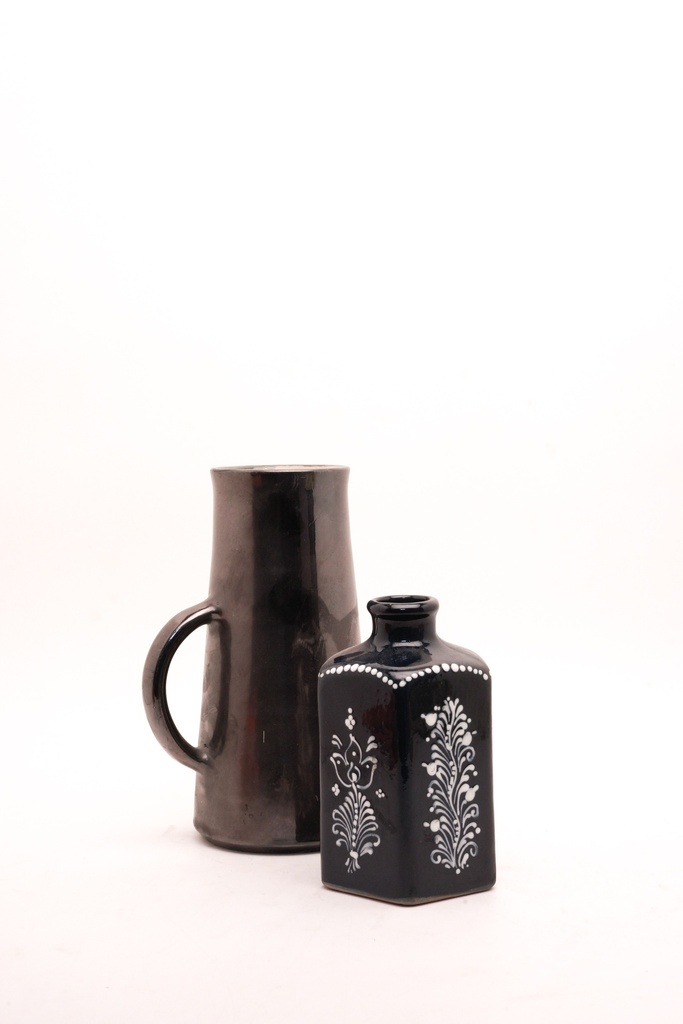 Black Ceramic Pitcher and Decorative Floral Vase Duo