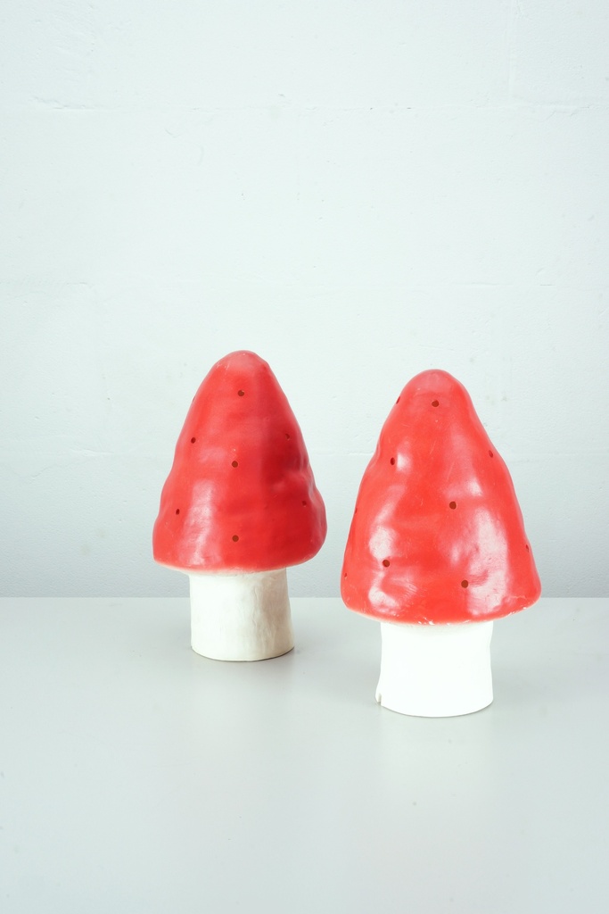Bright red and white mushroom lamps