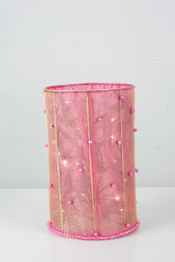 Pink Mesh Cylinder Lampshade with Gold Thread and Beaded Accents