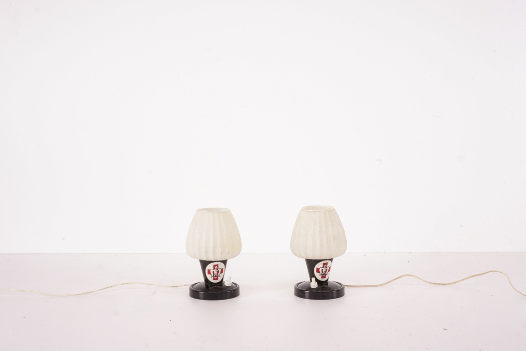 Vintage Matching Table Lamps with Frosted Shades and Red Crest Design