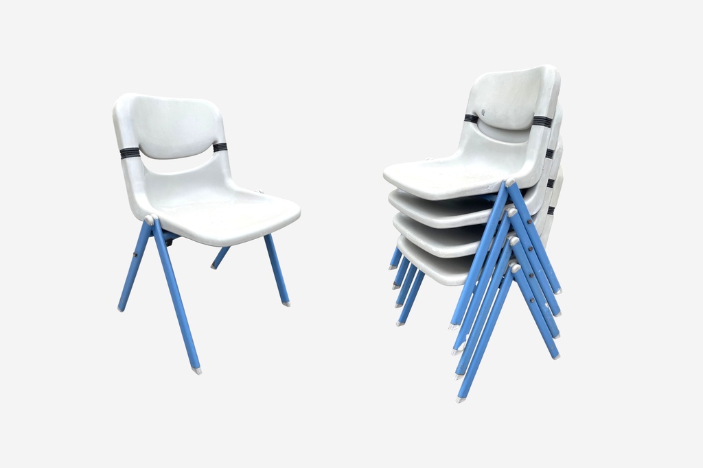 White Plastic Chairs with Blue Metal Legs - Stackable Classroom Style