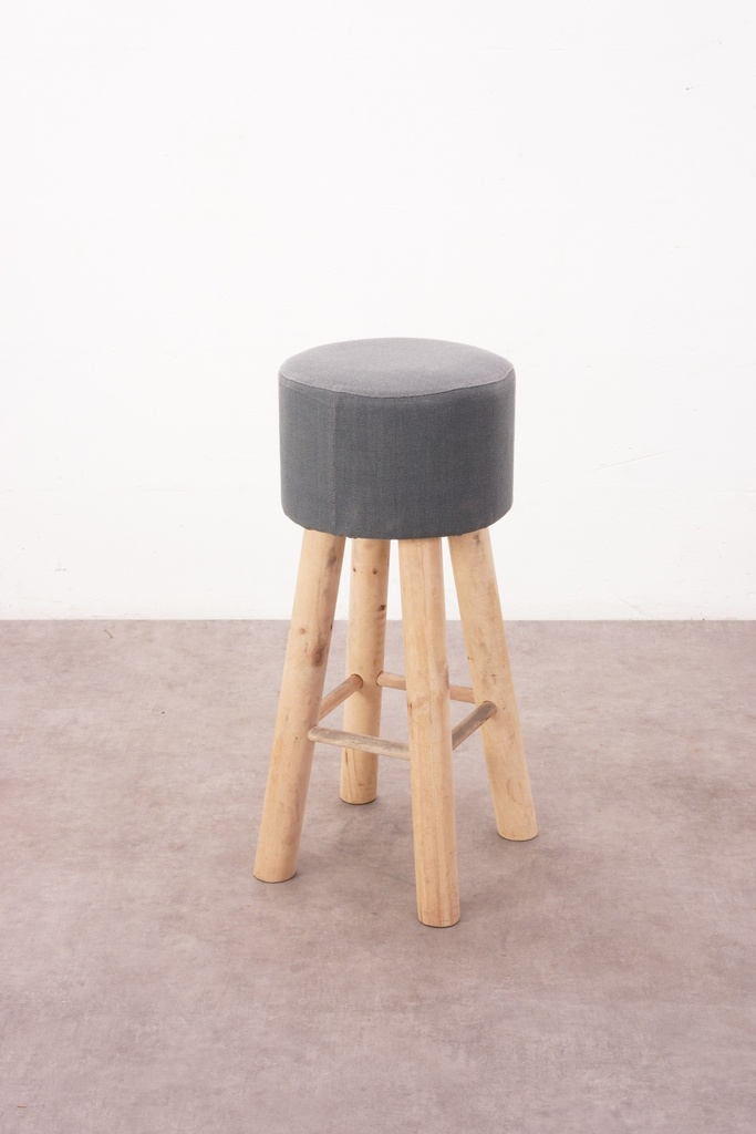 Natural Wood Stool with Gray Upholstered Seat