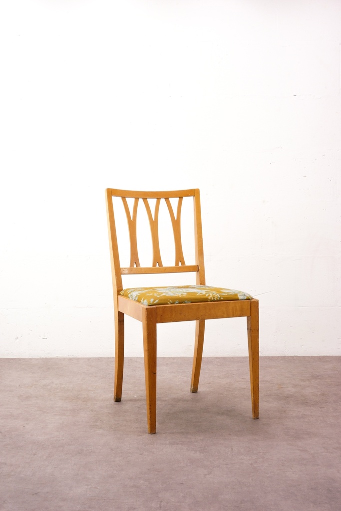 Mid-Century Wooden Dining Chair with Mustard Floral Upholstery
