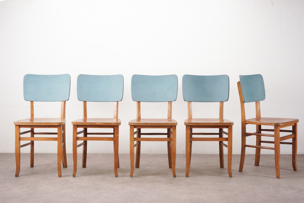 Vintage Wooden Chairs with Blue Backs - Set of Five