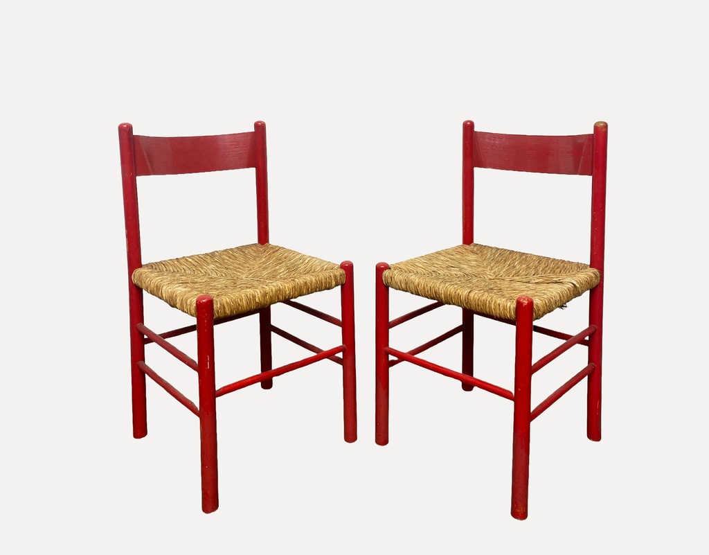 Vintage Red Wooden Chairs with Woven Straw Seats