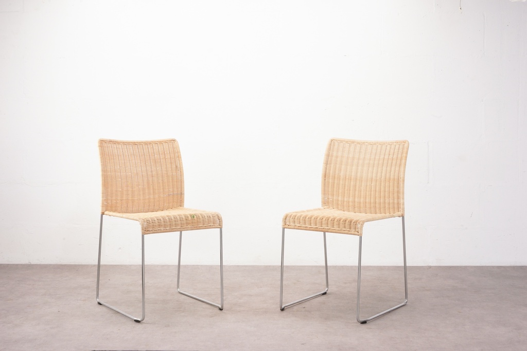 Pair of Modern Woven Rattan Dining Chairs with Chrome Legs