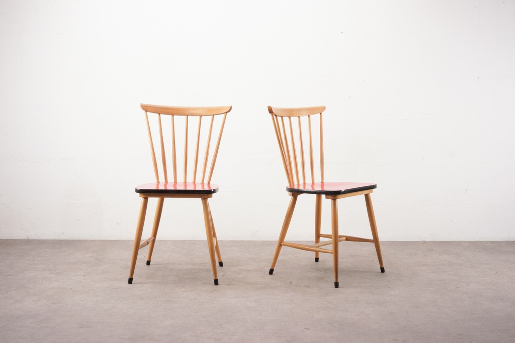 Mid-Century Modern Wooden Spindle-Back Dining Chairs with Red Seats