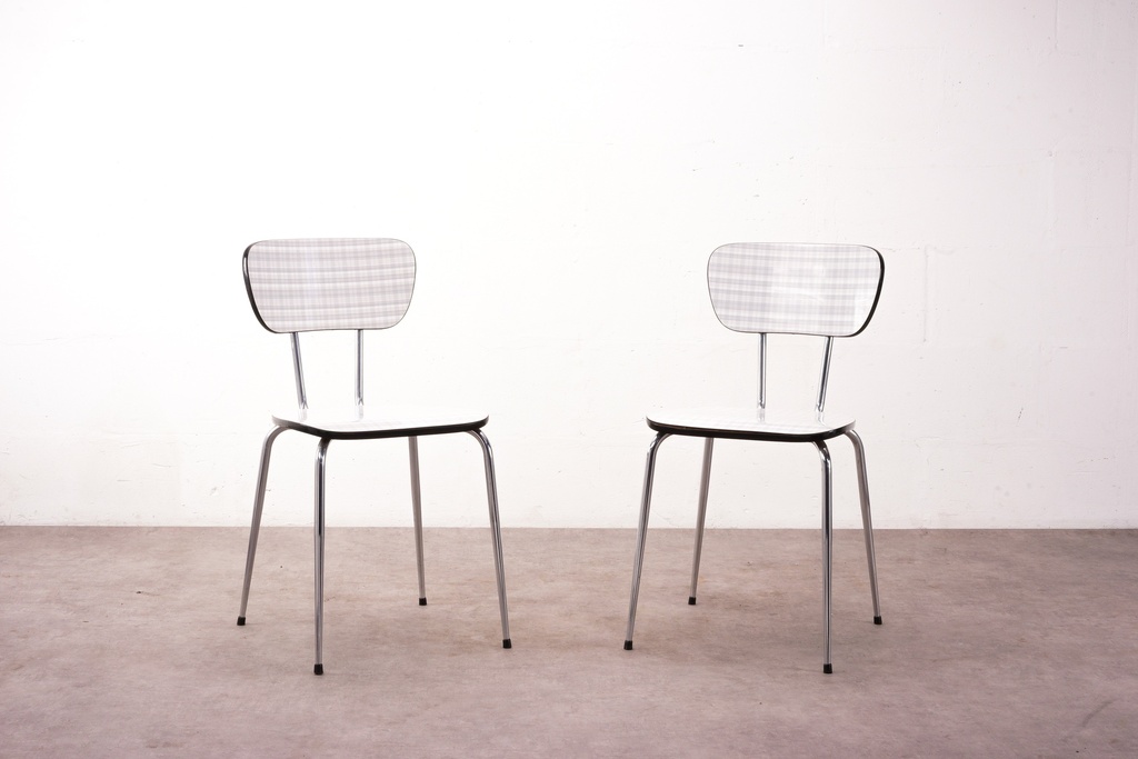 Retro Plaid-Back Metal Chairs Pair