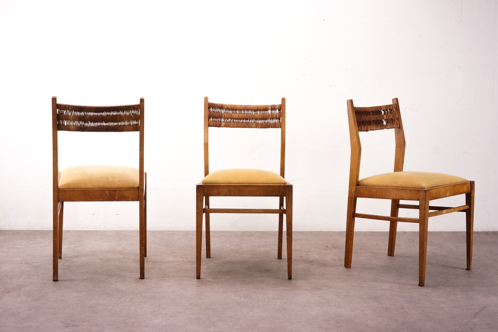 Mid-Century Woven Back Dining Chairs with Upholstered Seats - Set of 3