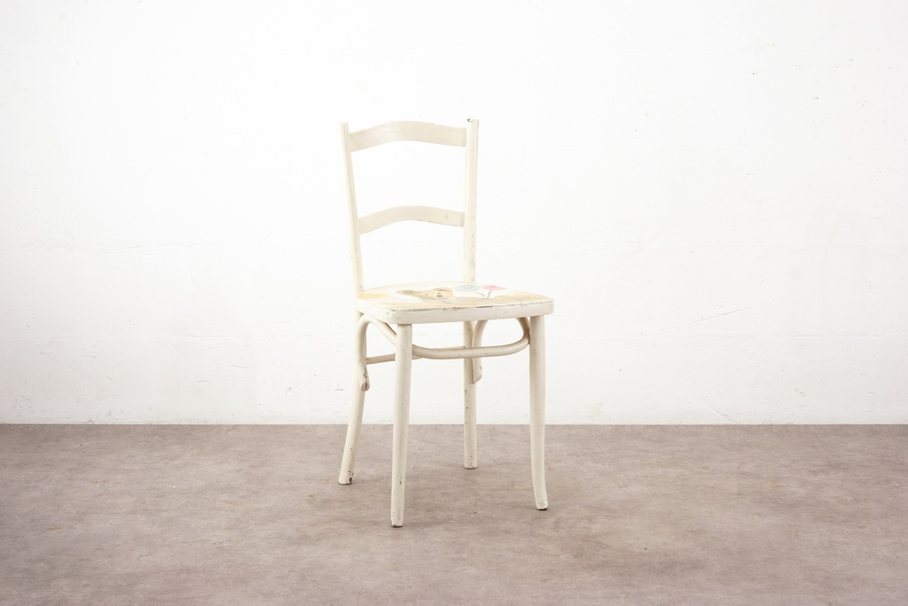Rustic White Painted Wooden Chair with Hand-Decorated Seat Panel