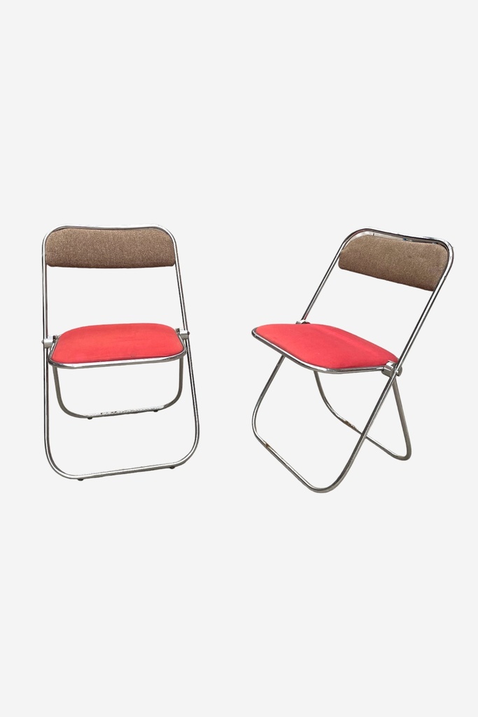 Retro Chrome Folding Chairs with Red and Brown Upholstery
