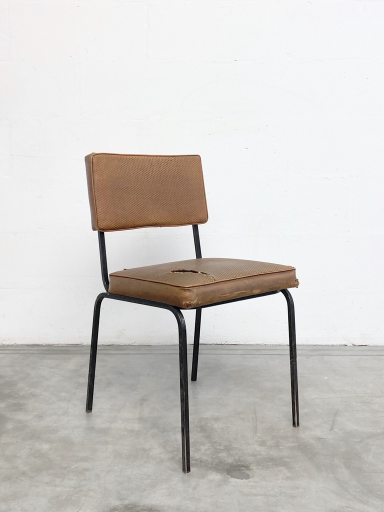 Worn Vintage Metal-Framed Chair with Distressed Brown Vinyl Upholstery