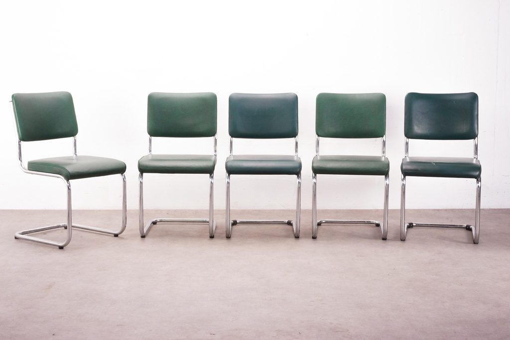 Mid-Century Green Vinyl Cantilever Chairs with Chrome Frames Set of Five