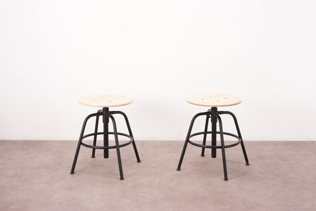 Industrial Adjustable Wooden Seat Stools (Pair)