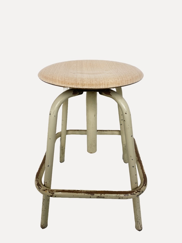 Vintage Industrial Metal Stool with Distressed Cream Finish