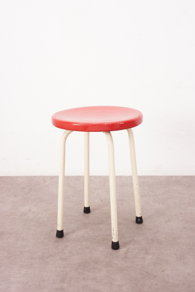 Vintage Red Metal Stool with Cream Legs