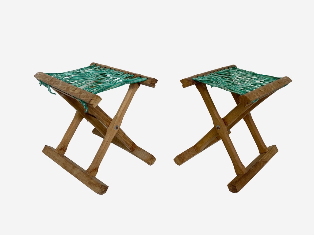Rustic Wooden Folding Stools with Green Rope Seats