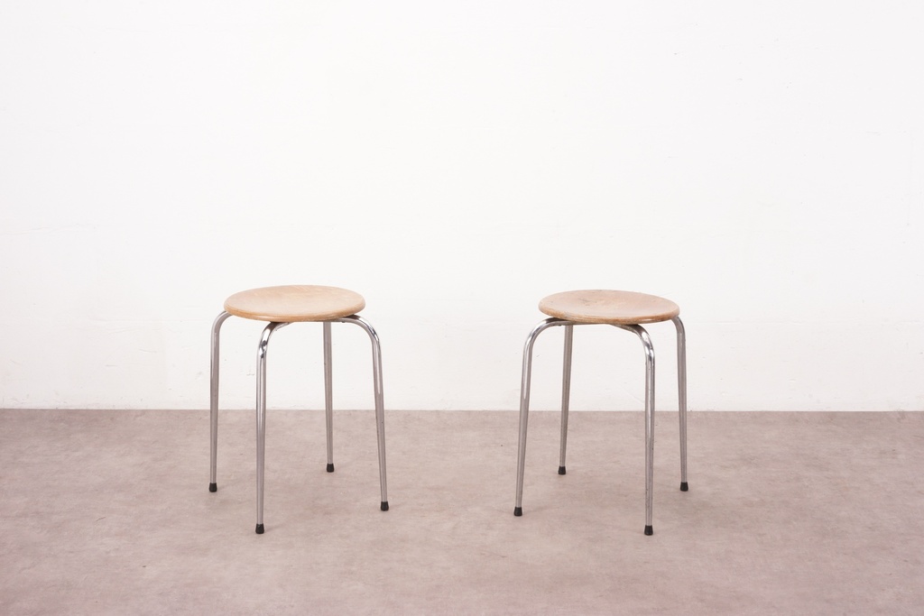 Pair of Minimalist Wooden and Chrome Stools