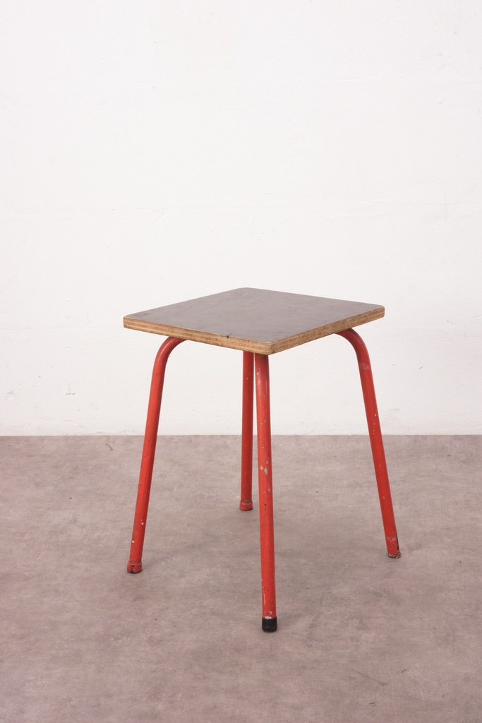 Vintage Industrial Red-Leg Wooden Stool