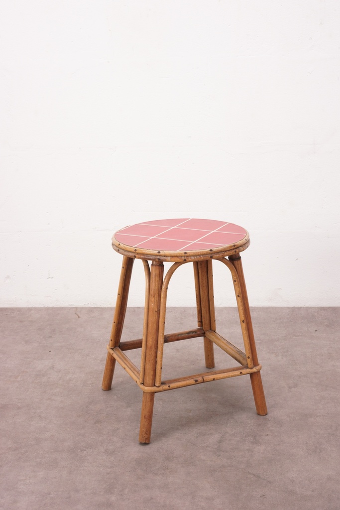 Vintage Rattan Stool with Terracotta Tile Seat