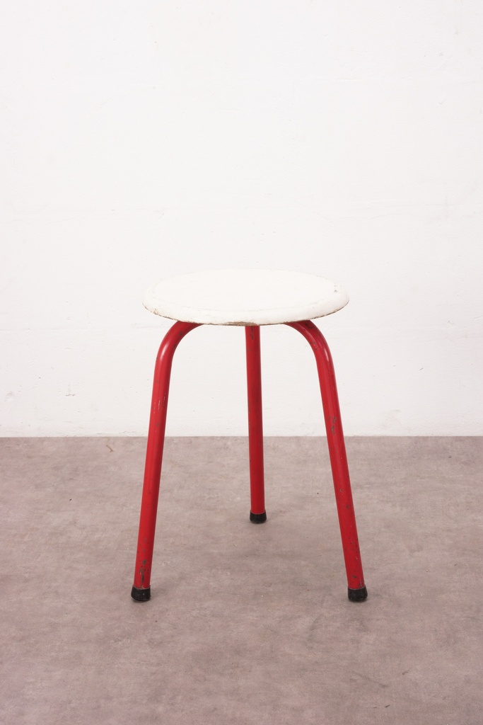 Vintage White-Top Red Metal Stool