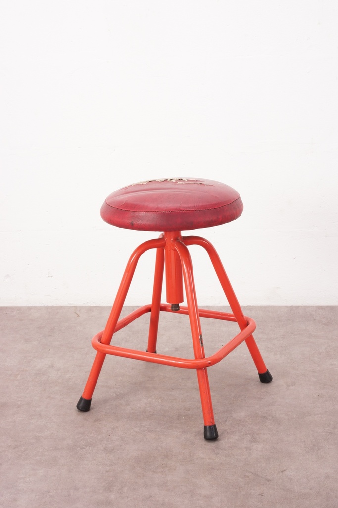 Vintage Red Leather Industrial Stool