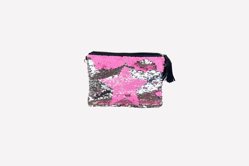 Pink Star Sequin Clutch with Tassel Zipper