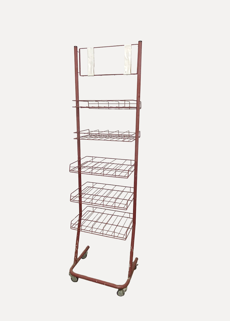 Red Metal Display Stand On Wheels