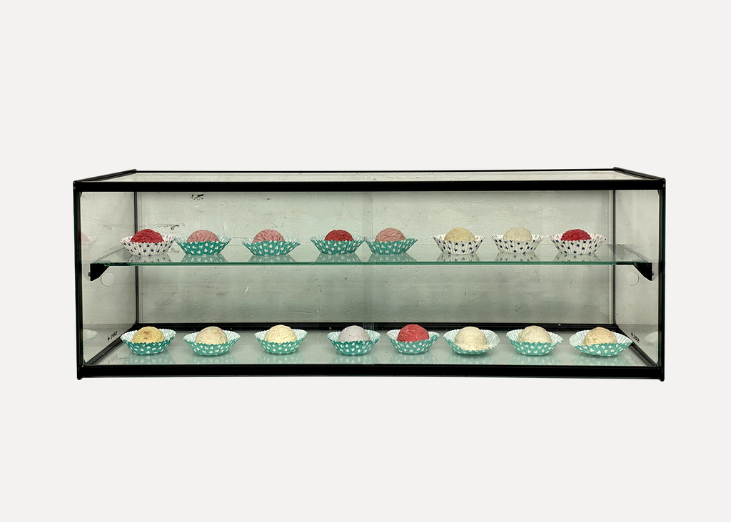 Display case with scoops of ice cream