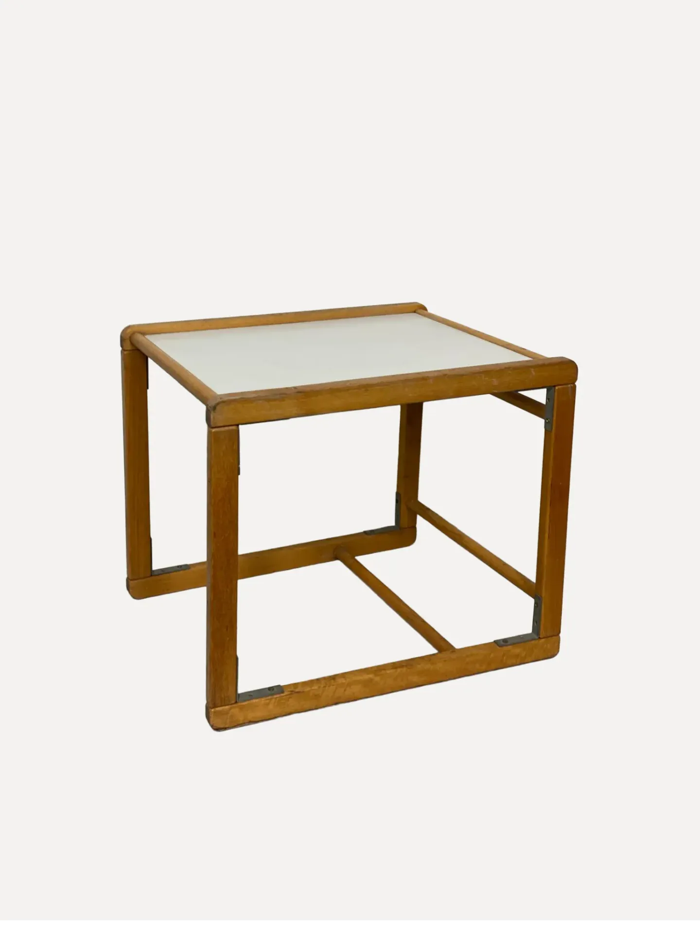 Mid-Century Modern Pine and White Laminate Block Side Table