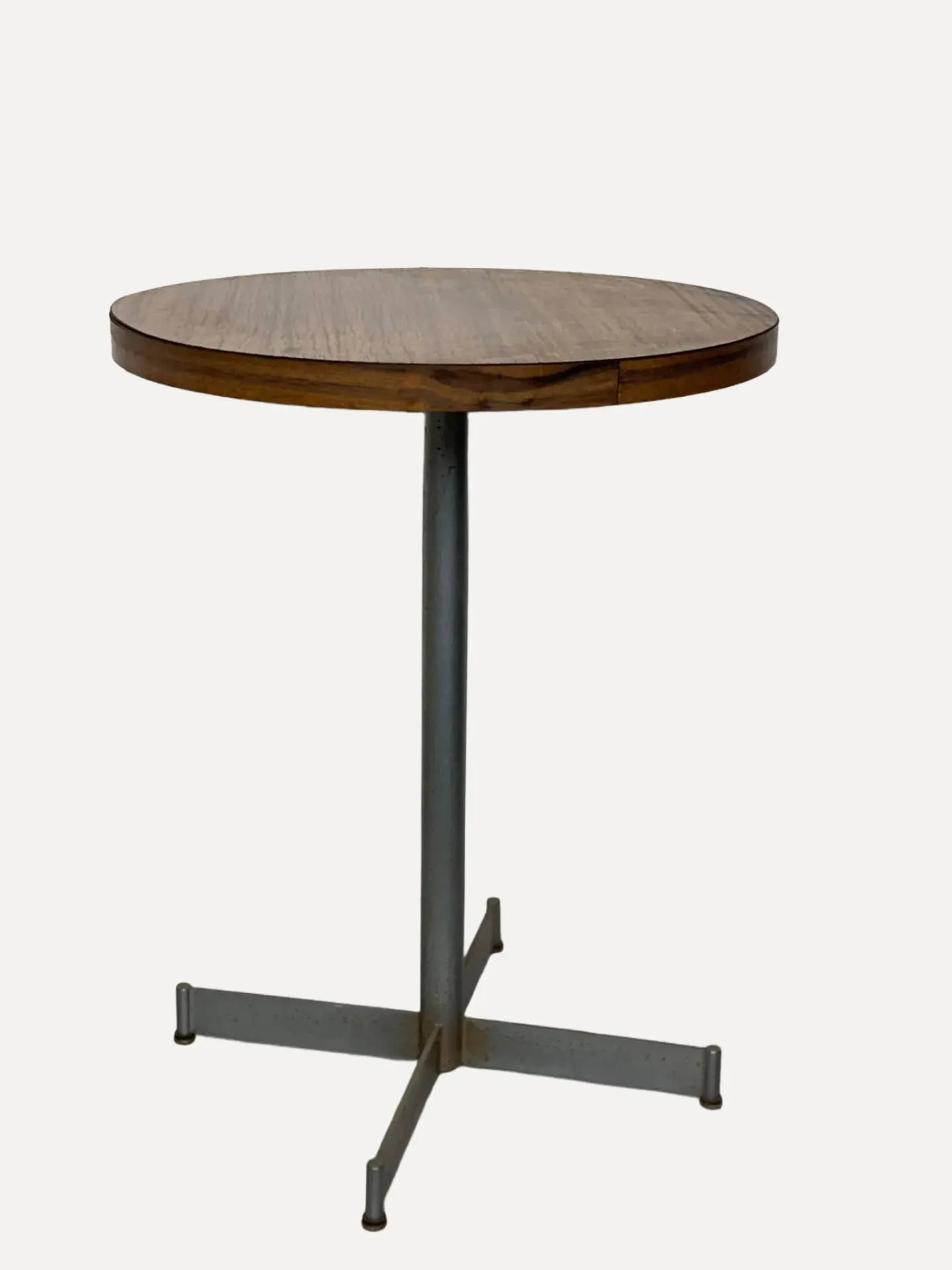 Vintage Mid-Century Round wooden table with a metal cross base