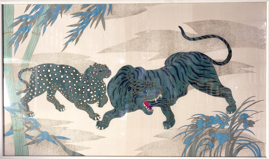"Jungle Duel: Leopard and Tiger in Azure Hues"