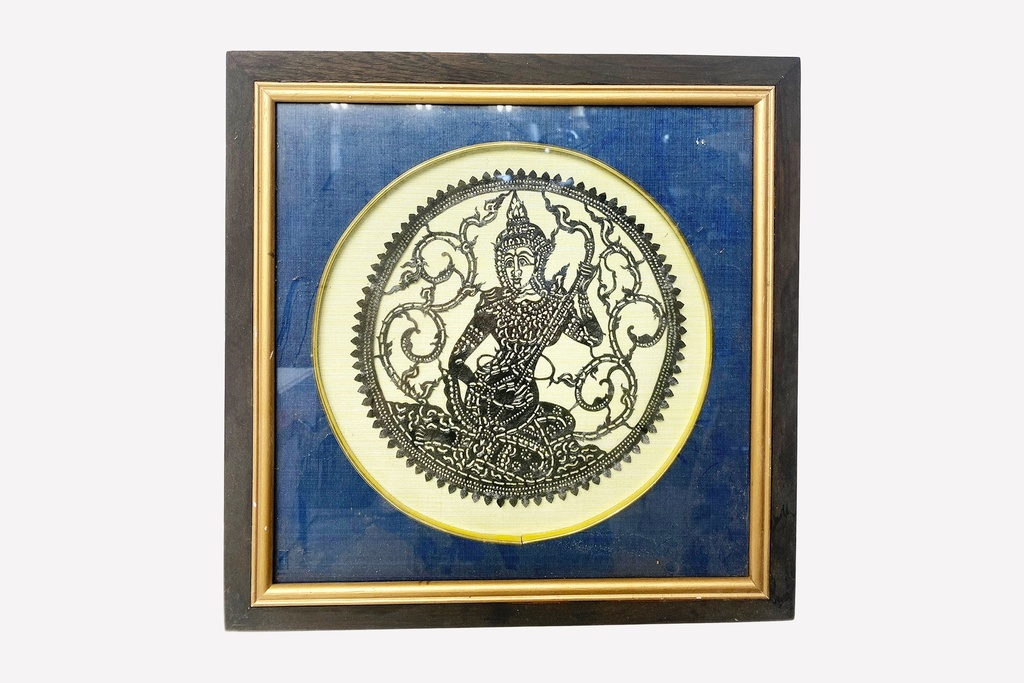 Framed Thai Shadow Puppet Art on Blue Background