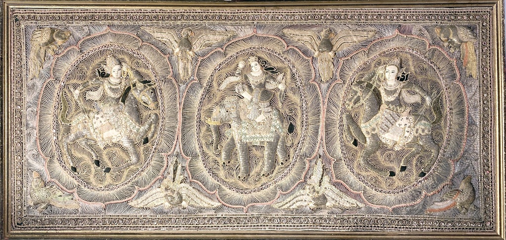 Ornate Embossed Metal Panel with Warrior Motifs and Horses