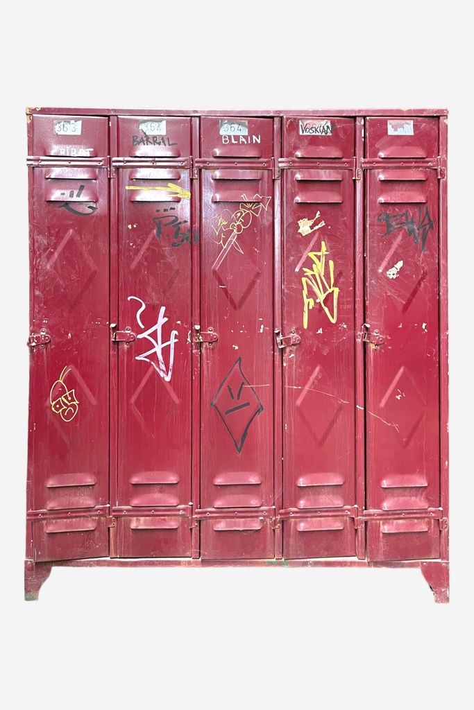 Weathered Red Metal Lockers with Graffiti