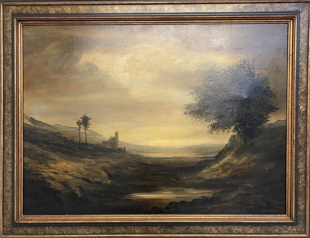 Golden Twilight Landscape with Tower and Tree