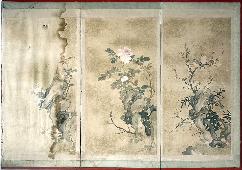 Antiqued Asian Floral Panel Triptych