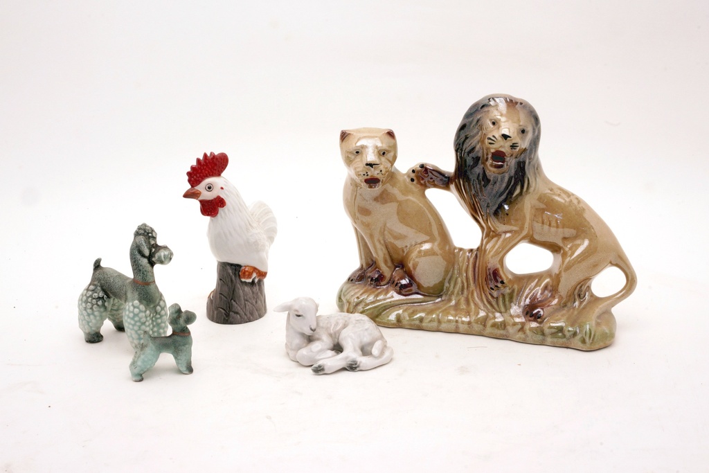 Ceramic Animal Figurine Collection with Lion, Rooster, Poodles, and Lamb