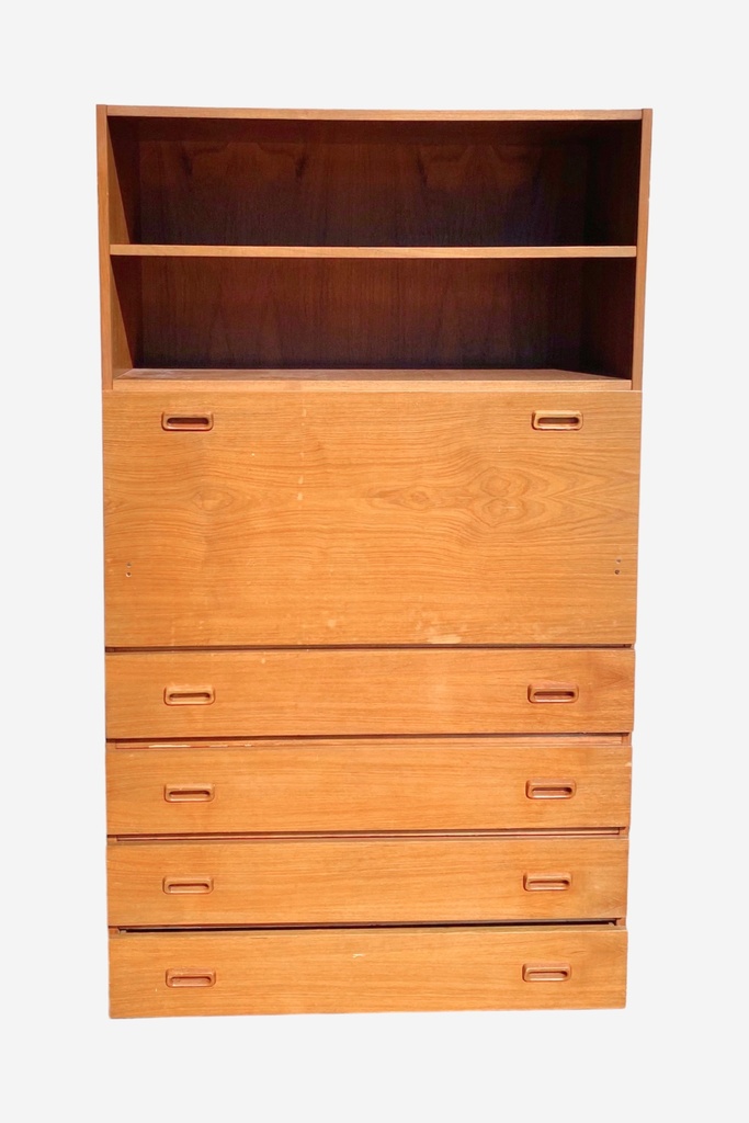 Mid-Century Modern Teak Secretary Desk with Drawers and Hutch