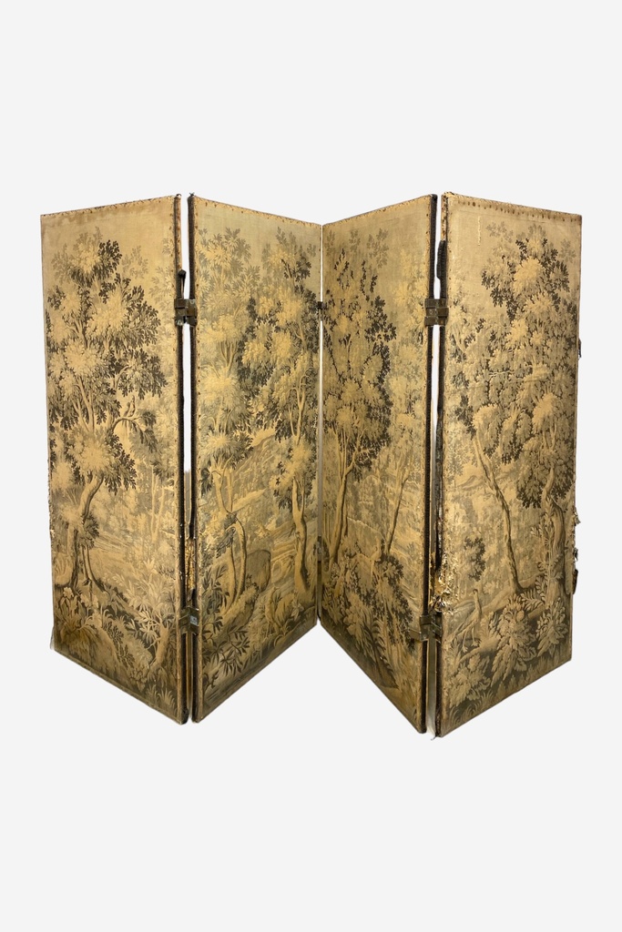 Antique Woodland Scene Four-Panel Folding Screen
