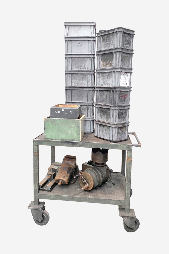 Industrial Utility Cart with Stacked Storage Bins and Machinery Parts