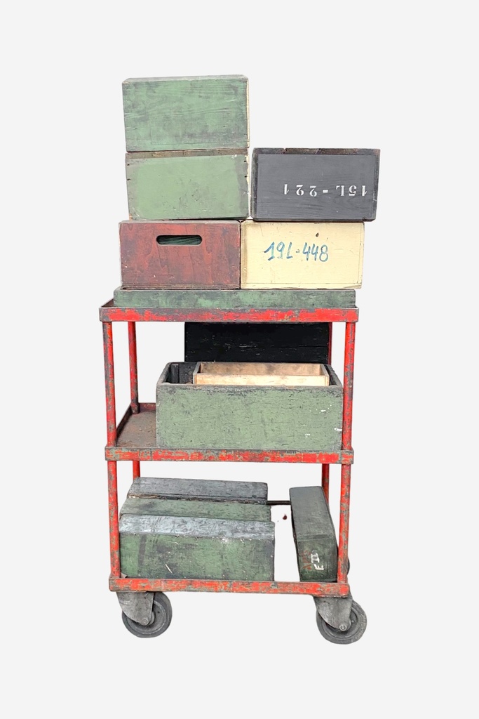 Vintage Industrial Cart with Weathered Storage Crates