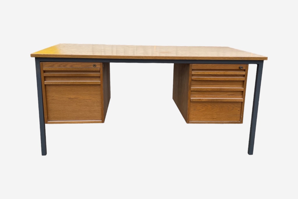 Mid-Century Industrial Steel Frame Desk with Wooden Drawer Compartments