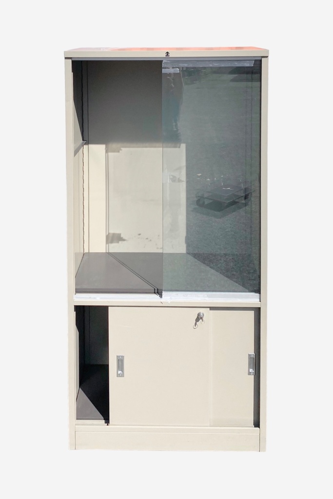 Beige Metal Display Cabinet with Glass Sliding Door and Lockable Storage