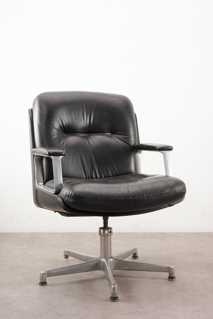 Mid-Century Executive Black Leather Office Chair with Aluminum Base