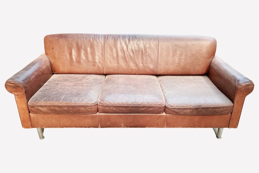 Worn Vintage Brown Leather Sofa