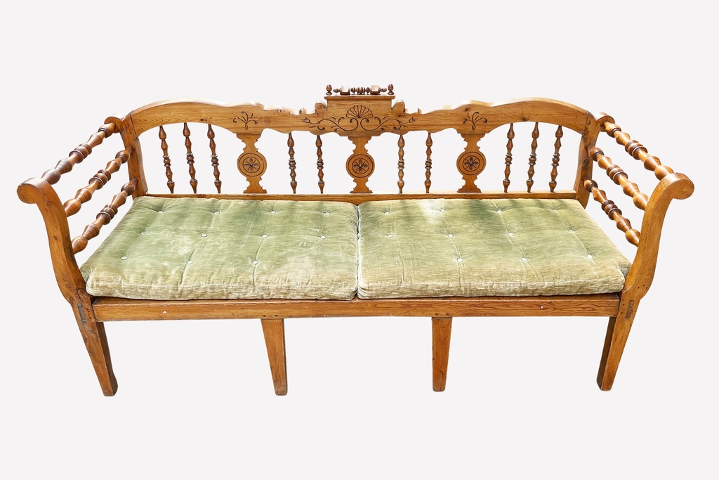 Antique Wooden Spindle-Back Settee with Green Cushions