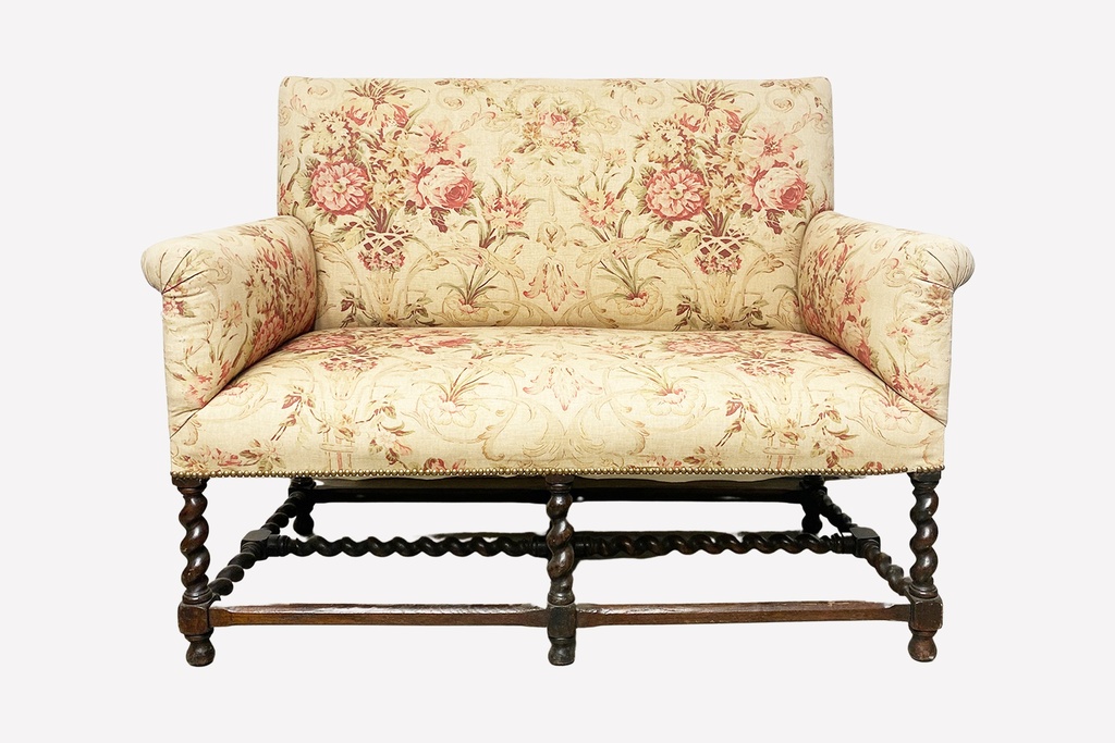 Victorian Floral Upholstered Settee with Barley Twist Legs