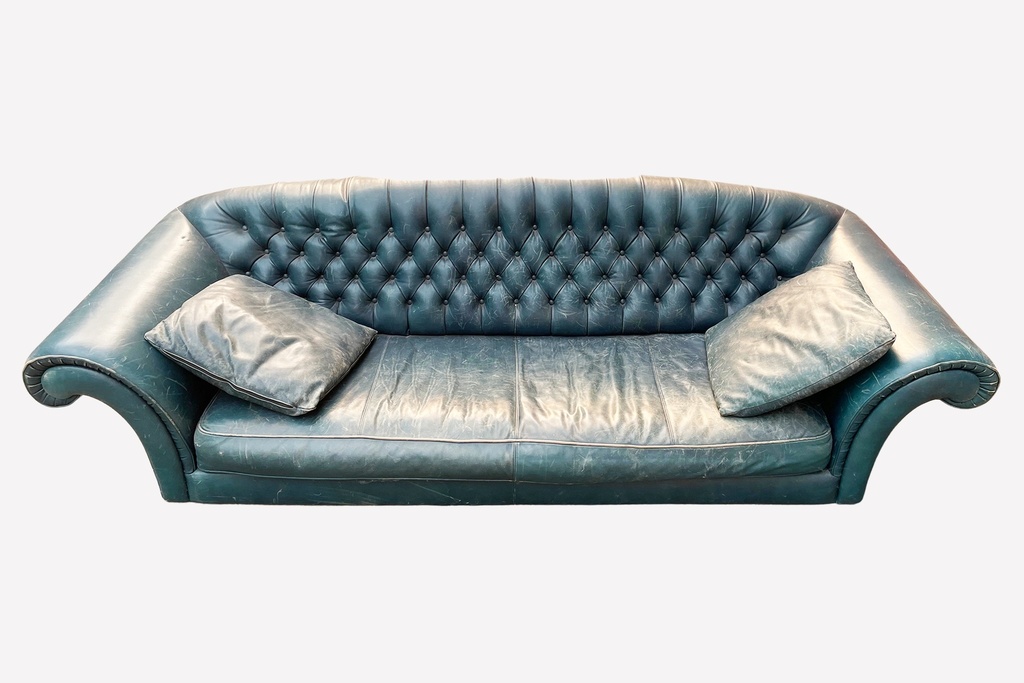 Vintage Teal Tufted Leather Sofa with Rolled Arms