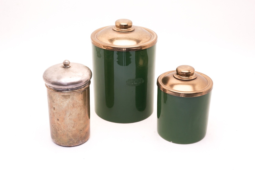 Vintage Metal and Green Canister Set with Brass Lids